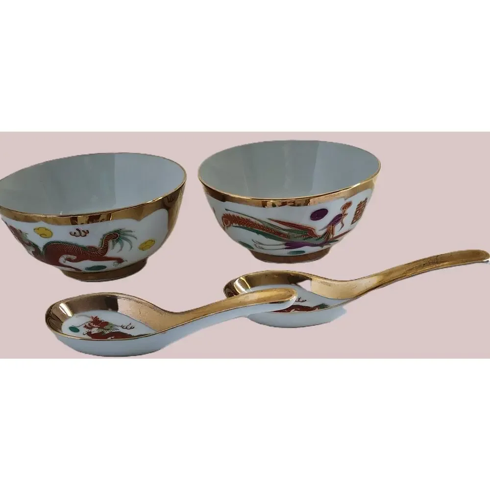 Bowls-Rice/Noodle-Chinese Theme-Spoons-Vintage-Gold Trim-Phoenix & Dragon-Set 2 - Picture 12 of 14